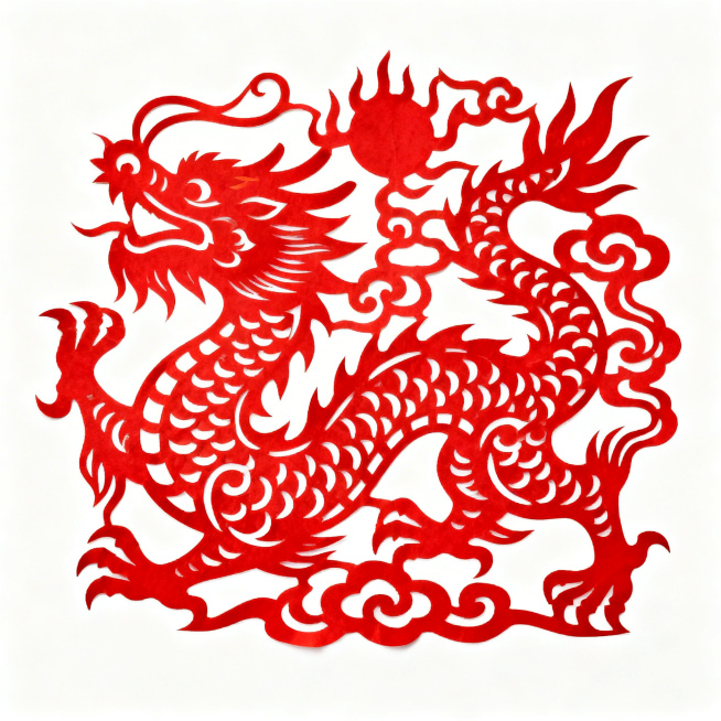 中国非遗传统样式红色剪纸窗花，主体图案是祥龙，龙纹造型生动，对称构图，正宗民间手工镂空剪纸工艺，纯大红色底，传统龙年非遗剪纸艺术风格，无多余文字预览效果