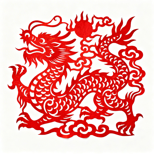 中国非遗传统样式红色剪纸窗花，主体图案是祥龙，龙纹造型生动，对称构图，正宗民间手工镂空剪纸工艺，纯大红色底，传统龙年非遗剪纸艺术风格，无多余文字