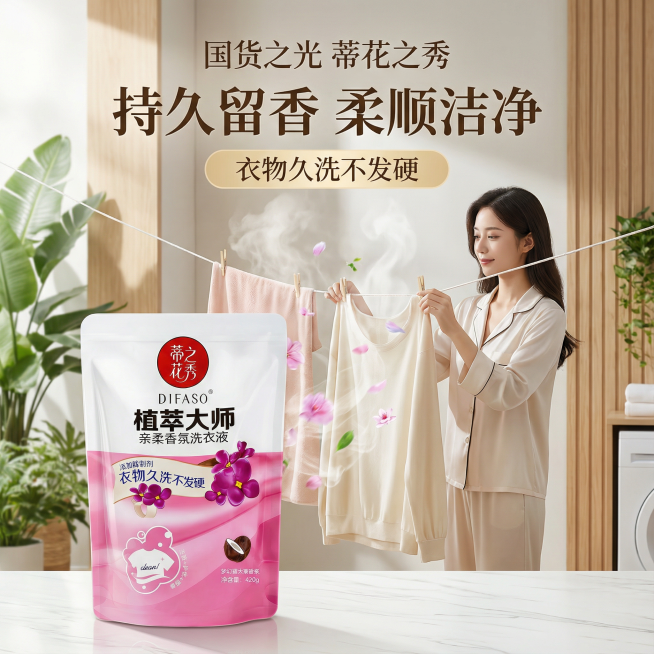 我是网店卖家，产品是我是网店卖家，产品是老品牌国货,蒂花之秀驰名商品袋装洗衣液，洗衣洁净，香味持久，根据你的经验帮我生成一个电商主图，提升一些洗衣液主体质感，切记不要出现网络违禁词,略微提升质感包装袋预览效果