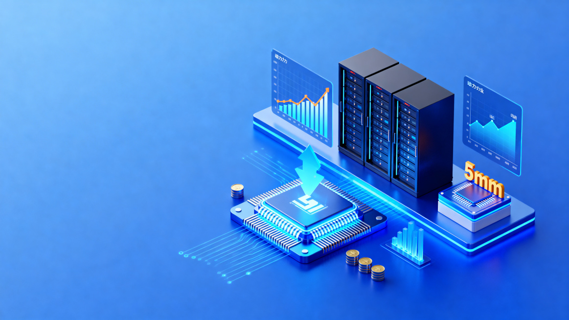 金融风横版图片，主体放置在画面偏右侧，明亮蓝色系3D渲染，包含半导体、算力行业元素如数据中心机柜、算力增长趋势图、5纳米芯片结构，现代互联网科技金融风格，明亮清新蓝色调，高质量细节预览效果