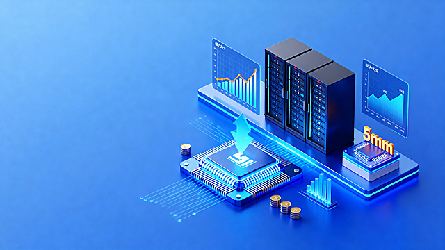 金融风横版图片，主体放置在画面偏右侧，明亮蓝色系3D渲染，包含半导体、算力行业元素如数据中心机柜、算力增长趋势图、5纳米芯片结构，现代互联网科技金融风格，明亮清新蓝色调，高质量细节