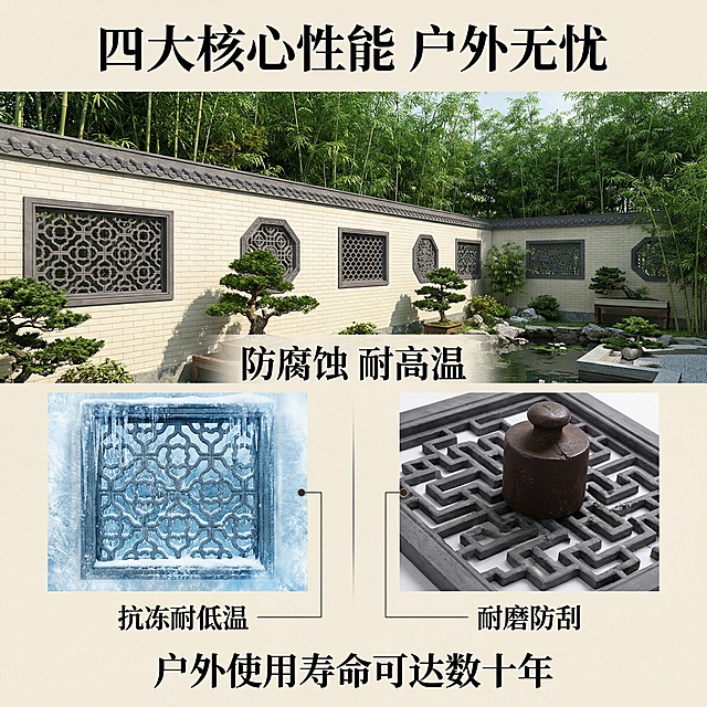 [垫图] https://gdesign-dam-hz.dancf.com/35964262621370439/15ee2b5ac0ad4a43a6a5d172e1ae045c.jpg
[主图主题] 仿古镂空花格窗性能优势卖点图
[氛围/风格] 中式古典风格，硬朗专业光影，突出性能优势
[画面元素] 采用上下分屏信息流布局，上部70%为花格窗安装在中式围墙上的全景场景，背景与主图1庭院场景一致；下部30%左右分栏，左侧展示花格窗抗冻测试特写（冰雪覆盖下花格窗完好无损），右侧展示耐磨测试特写（重物摩擦后无划痕）；花格窗外观与原图完全一致
[配色色系] 主色调：深灰（花格窗）、米白（墙面）；辅助色：冰蓝（冰雪）、深棕（测试重物）
[视角构图] 上部正面平视，下部特写视角，整体构图平衡
[文字版式] 顶部悬浮主标题“四大核心性能 户外无忧”，性能测试处用极细引线连接卖点文字“抗冻耐低温”、“耐磨防刮”，中部悬浮文字“防腐蚀 耐高温”，底部标注“户外使用寿命可达数十年”，字体为宋体，深色，文字悬浮于背景之上，无遮挡主体
[比例分辨率] 1:1比例，2K分辨率