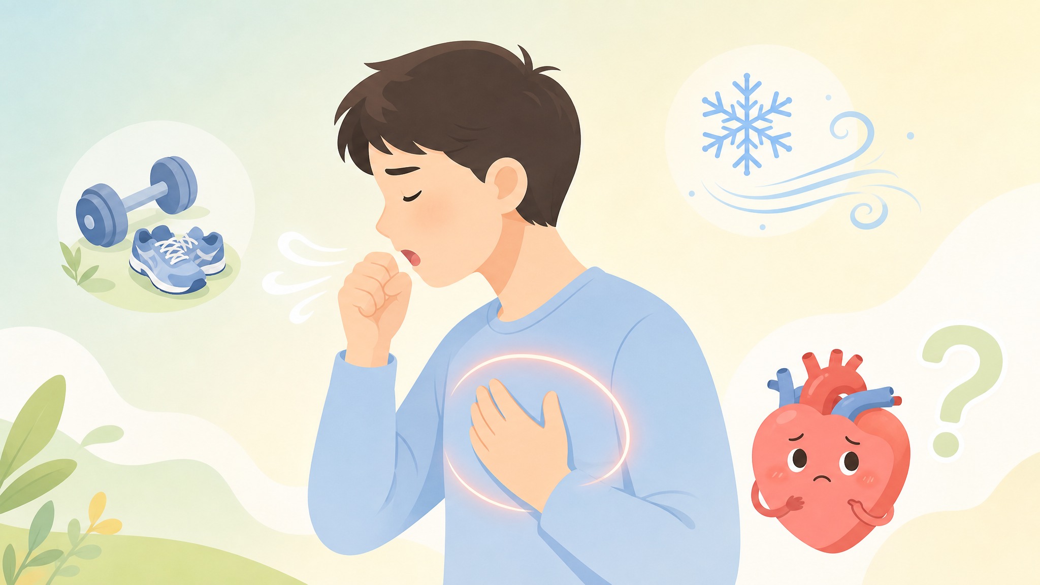 一张关于哮喘干咳与胸闷的公众号健康科普插图，横向16:9构图，… - 图片创意预览