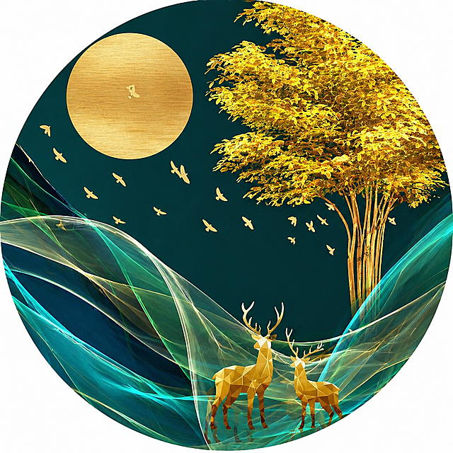 参考原图片风格，重新生成8K高清画面，内容为圆形构图，深青绿色背景，金色满月、金色树叶大树，两只金色几何麋鹿，蓝绿色透明飘带，金色飞鸟，轻奢抽象装饰画风格，超高清