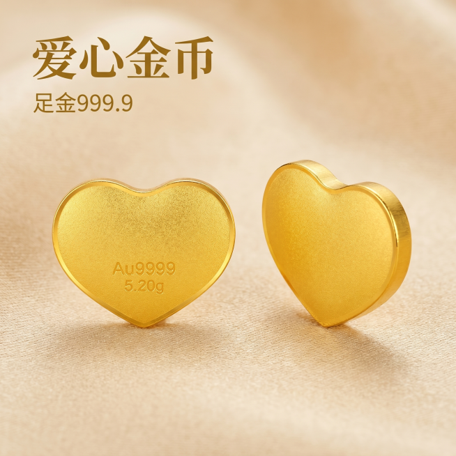 [主图 1] 足金爱心金币产品首图展示。[氛围风格] 高级精致黄金珠宝实拍风。[画质] 商业摄影质感、光线柔和通透、产品清晰真实、画面干净高级。[元素] 两颗足金爱心金币居中摆放，一颗正面展示刻印细节预览效果