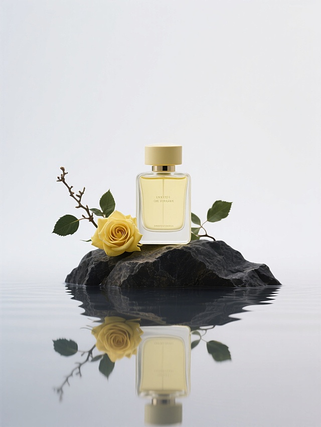 特写浅黄色香水瓶，置于深色山石上，搭配自然枝叶、黄玫瑰点缀，用光影突出瓶身质感，呈现水面倒影，白色背景