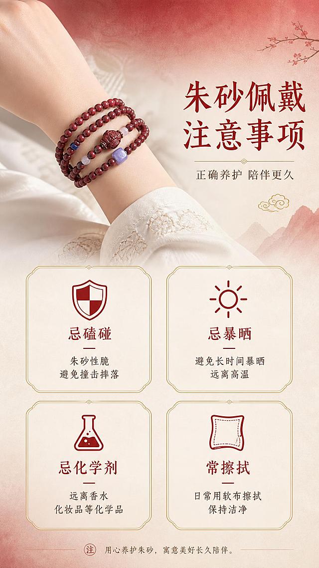 [主图-9] 朱砂日常佩戴注意事项图，科普正确佩戴和保养方法，体现专业贴心。
[统一基调] 高级红白渐变色调背景，从朱砂红到米白色的柔和渐变，背景带细腻纸质感肌理，哑光高级质感；整体风格统一为国风雅致高级感；字体使用文艺衬线体，主标题字色为深朱砂红，辅助文字为暖棕色，强调色为正红色；卡片与图标采用细金线描边+半透明米白底的精致样式。
[画面] 画面采用上下布局，上半部分左侧是手串佩戴在手腕上的优雅展示，右侧是注意事项标题区；下半部分是四个图标+文字的注意事项卡片，两列两行排列；每个卡片配一个简约线条图标和简短说明文字；佩戴展示占画面约35%。
[光影质感] 整体柔光质感，佩戴展示自然真实，皮肤质感细腻；卡片区域光影统一，图标清晰；整体画面干净整洁。
[配色] 背景为朱砂红到米白的高级渐变，带纸质感肌理；卡片为半透明米白底+细金线边框；图标为深朱砂红色；文字为深朱砂红标题+暖棕说明文字。
[文字版式] 画面顶部主标题「朱砂佩戴注意事项」，深朱砂红色大字体；副标题「正确养护 陪伴更久」，暖棕色；四个注意事项卡片：1.「忌磕碰」配盾牌图标，说明「朱砂性脆 避免撞击摔落」；2.「忌暴晒」配太阳图标，说明「避免长时间暴晒 远离高温」；3.「忌化学剂」配烧杯图标，说明「远离香水 化妆品等化学品」；4.「常擦拭」配软布图标，说明「日常用软布擦拭 保持洁净」；文字清晰有条理。
[输出要求] 比例9:16，2K分辨率，文字清晰可读，产品清晰不变形，无错字，无水印，无平台Logo；负向：产品变形、注意事项错误、文字模糊、错字、水印。