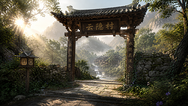 次世代 PBR 写实 CG 渲染，国风仙侠云隐村入口场景，影视级柔和漫射柔光，统一环境光源，全局光影统一，细腻全局光照，空气薄雾氛围感，8K 超精细，高精度纹理贴图，清晰材质分层，写实物理光影，没有生硬明暗交界线，画面包含木质牌坊，上书“云隐村”，两侧对联“云栖山居客，水绕花深入”，石板路，石墙，植被环绕，远处山谷藏着古村落和小桥，清晨丁达尔光效，国风氛围拉满