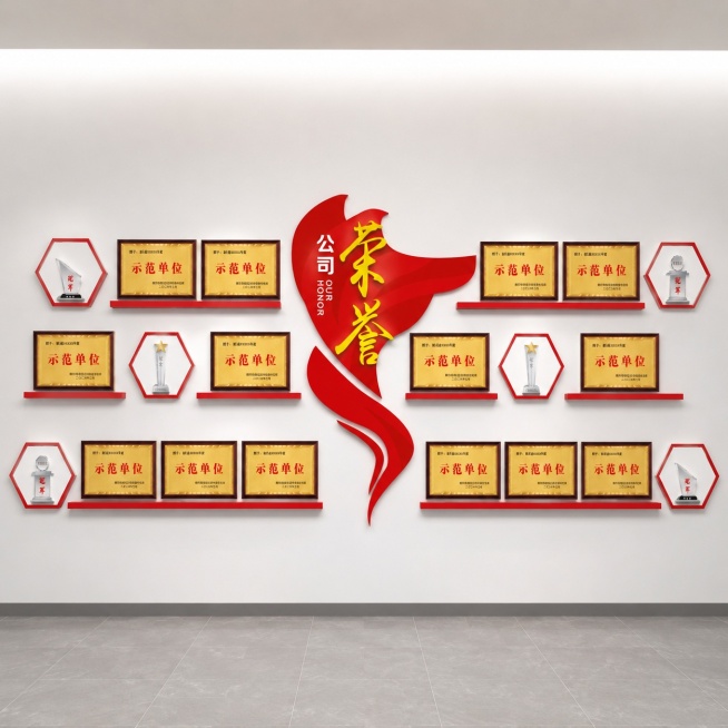 企业荣誉墙场景图，主体为联通荣誉奖牌组合，严格参照上传图1（实际奖牌实物），完整保留所有可见奖牌、文字内容、轮廓、结构、比例、材质与颜色。
参考图2的红色飘带+金色艺术字“荣誉”+对称排版样式，相似度预览效果