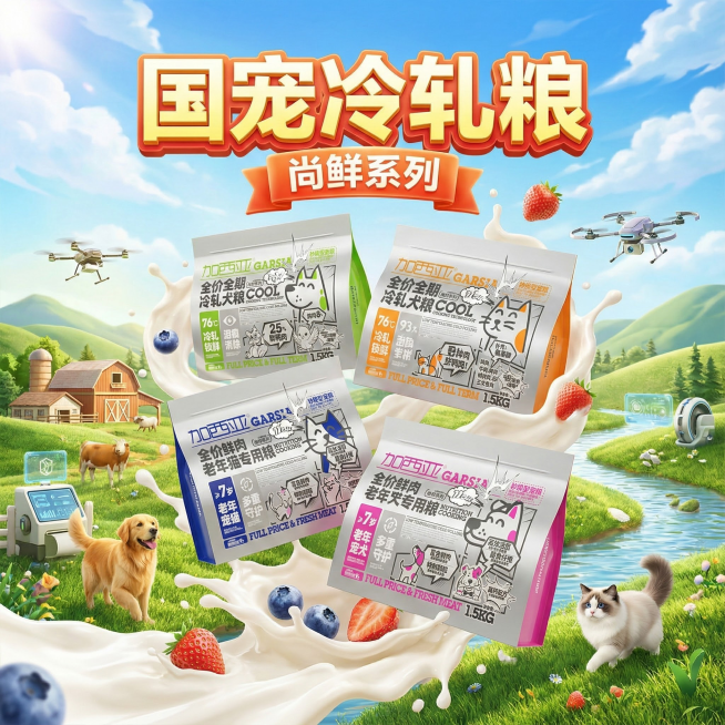 俯视视角，C4D 3D建模渲染的618购物节电商海报，画面中央是参考图产品，产品被飞溅的酸奶环绕，背景是田园风光场景，有绿色草地、蜿蜒河流、乡村农舍、金毛、布偶、科技，搭配蓝天白云，营造自然健康氛围，预览效果
