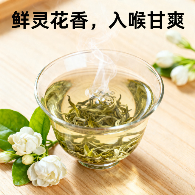 电商主图，1:1正方形，特写冲泡后的茉莉雪螺，茶汤冒着轻烟，旁边放着新鲜茉莉花，背景浅木色桌面，配文“鲜灵花香，入喉甘爽”，营造清新治愈氛围。预览效果