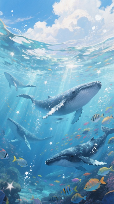 从大海的水底仰视上方的海面的水下世界视角，水底占画面三分之二之多，游过几只鲸鱼，成群的七彩深海鱼。阳光照射水面形成星星点点的亮光。夏日的蓝天白云。大透视，生动，动态感，斑驳的光影，特写预览效果