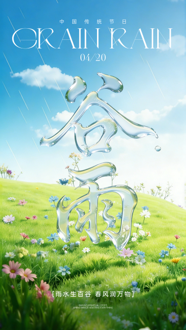 二十四节气清爽谷雨3D海报预览效果