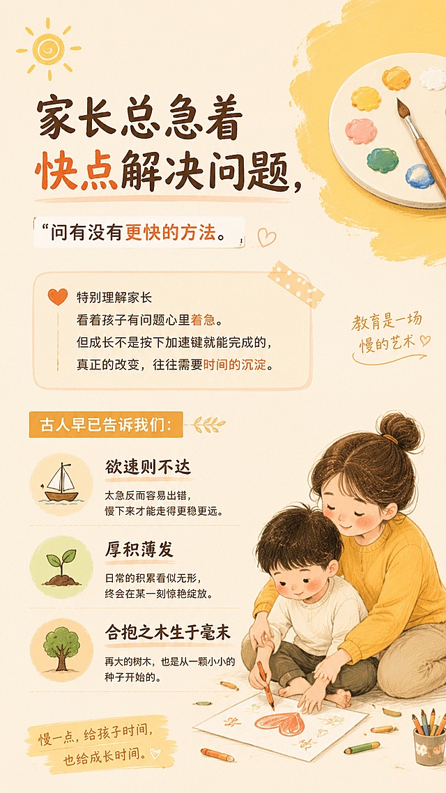 小红书家长心态图文，内容：家长总急着快点解决问题，问有没有更快的方法，特别理解家长看着孩子有问题心里着急，古人名言：欲速则不达、厚积薄发、合抱之木生于毫末，暖色调简约排版，艺术教育风格