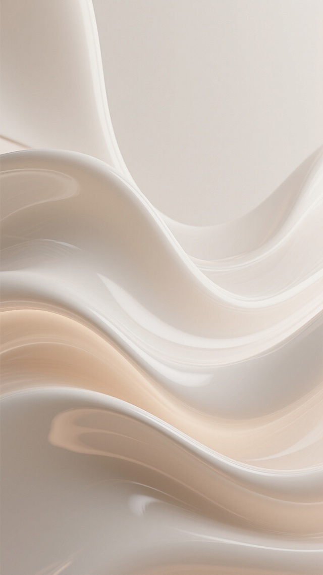 抽象背景，以米白色和浅杏色为基调，呈现出流动感十足的液态波纹形态，光影柔和，高光细腻，整体风格简约优雅，具有现代设计感，背景中融入变幻的曲线和柔和的渐变效果，营造出轻盈、舒缓的氛围，画面简洁大方，无任何文字和图案元素。