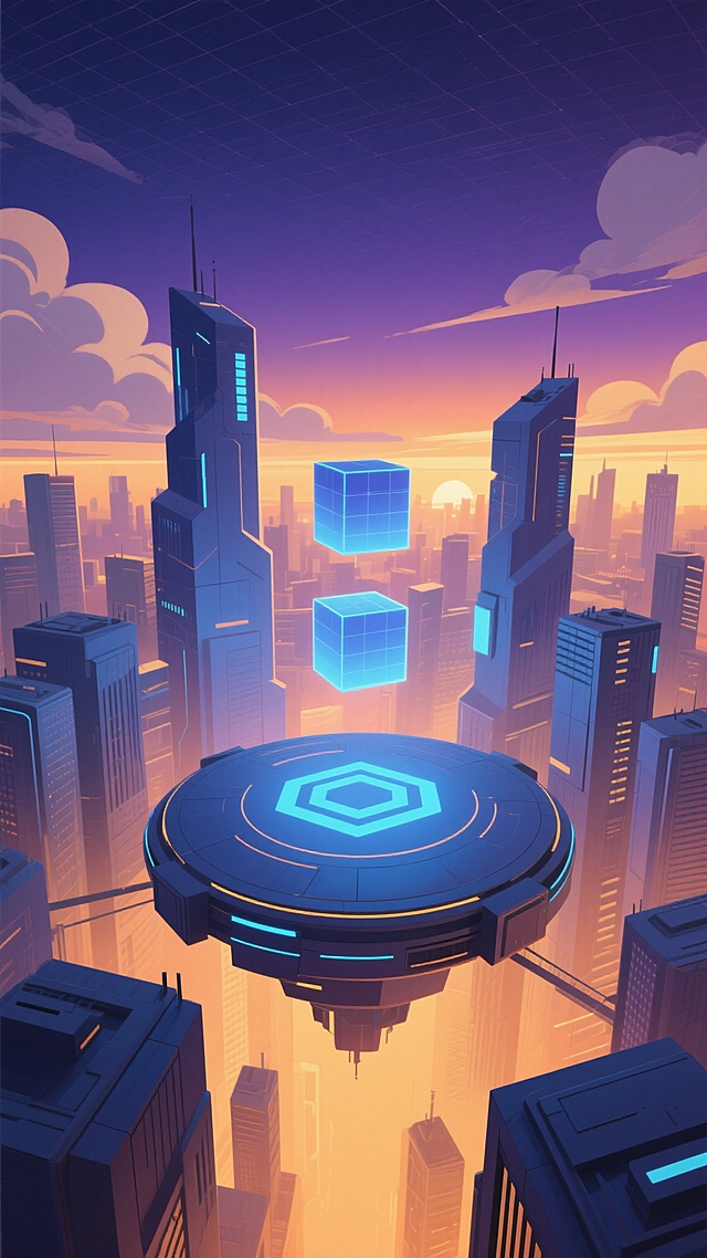 未来主义城市风光插画，俯瞰视角，圆形悬浮平台中央镶嵌发光蓝色几何图案，四周环绕高低错落的几何块状建筑，空中漂浮着矩形发光立方体，深蓝与紫色渐变天空中点缀网格状云层，整体色调转为温暖的橙黄色与深邃的蓝紫色对比，营造出黄昏时分科技感与浪漫氛围交织的视觉效果，光线柔和且带有明显的方向性，强调建筑的立体感与空间的纵深感，画面简洁大气，充满未来都市的梦幻色彩。