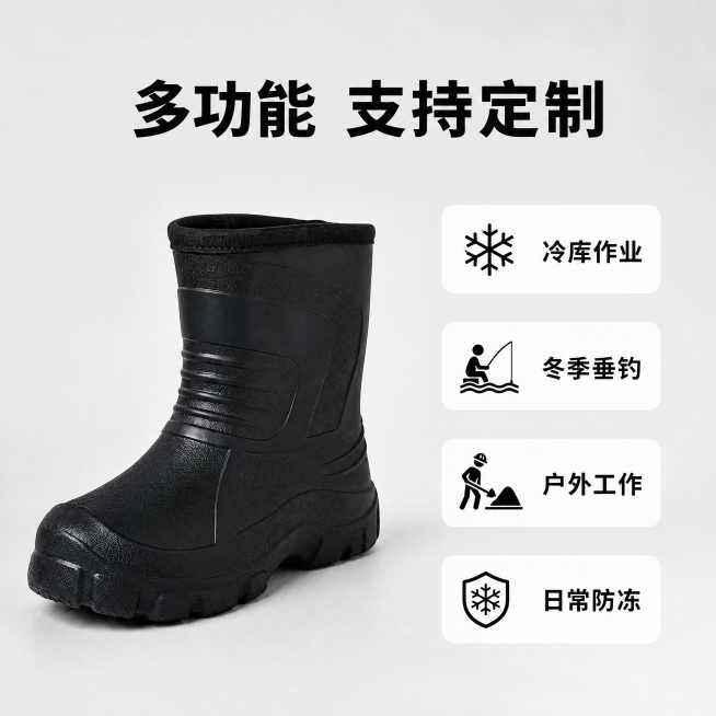 「图片1」，生成一套主图（5张），商品名称是冷库食品作业靴，卖点是多功能，冬季垂钓，防水防滑保暖，鞋头加宽不挤脚，风格是简约风，两张主图，三张细节图，支持定制，适配1688平台，主图比例为1:1预览效果