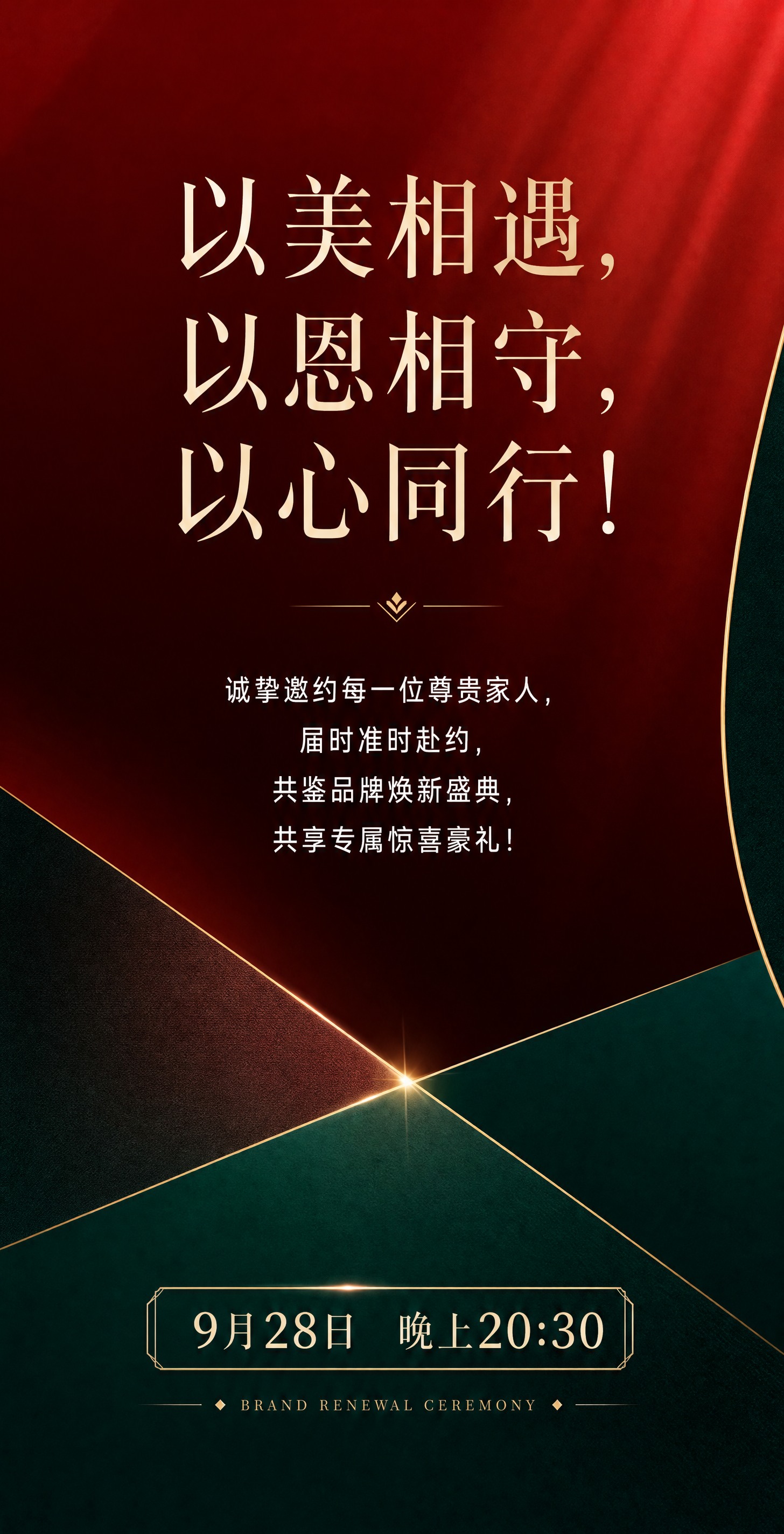 一张高端现代的品牌焕新盛典邀请海报，竖版构图，高级红绿配色，深… - 图片创意预览