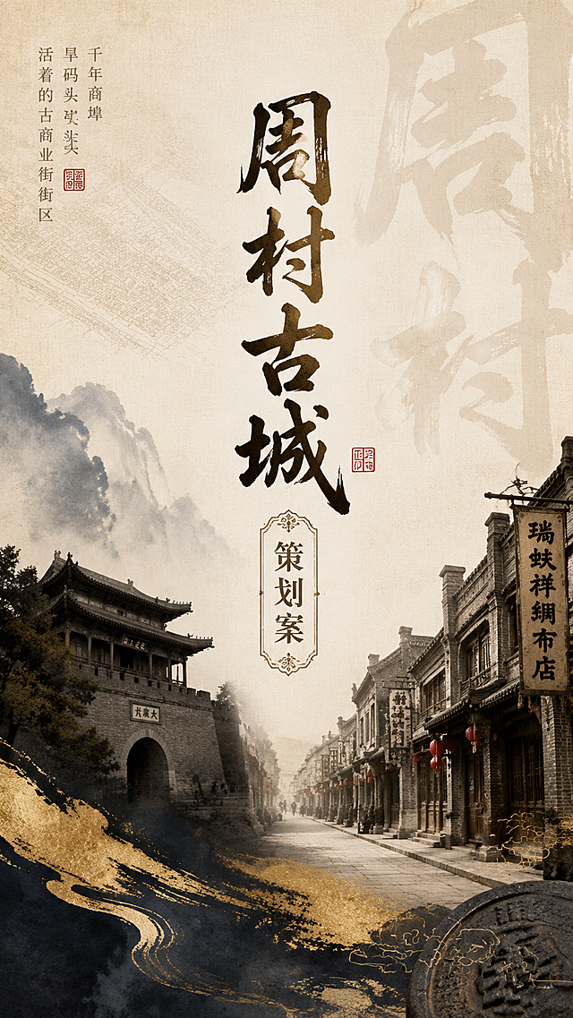 周村古城策划案封面，设计感大气，体现古城历史文化韵味，印有文字"周村古城策划案"