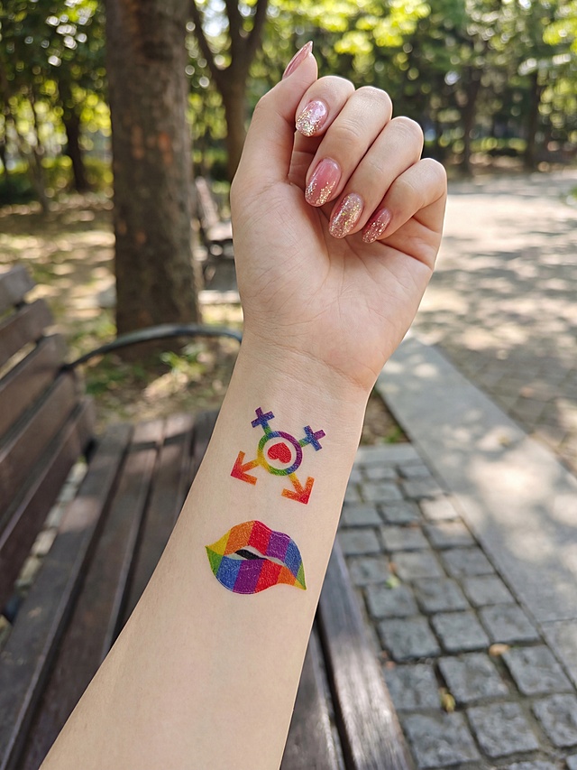 美化手臂皮肤，让肤色均匀白皙，调整为纤细的女生手臂，给指甲做上漂亮美甲，保持真实自然的色调和阴影，把背景替换为真实的户外随手拍环境，保留手臂上原有的彩虹纹身图案，画面为超清画质