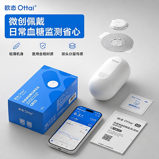 [主图-1] 欧态动态血糖仪产品结构拆解首图
[氛围风格] 专业医疗科技感，清晰通透拼多多主图风格
[画质] 商业摄影质感，光线柔和通透，产品清晰真实，画面干净高级，信息层级清晰
[元素] 将血糖仪套装产品居中展示，主体做分层结构拆解展示，呈现探头、传感器、机身的分层结构，产品放置在浅灰色干净背景上，左上角放置提取的"欧态Ottai"品牌Logo，保持品牌字形配色与原图一致，不遮挡产品主体，保持血糖仪产品外观（物理结构、材质质感、颜色）与输入产品图绝对一致，杜绝任何变形和色差，精细化处理，商品主体占比约70%，画面满屏无边框
[光影] 主光源从左前方打来，均匀柔和照亮产品主体，边缘高光清晰，结构细节锐利，阴影过渡自然，产品立体真实，无大面积脏暗阴影
[配色] 主色调延续产品的蓝白配色，蓝色品牌包装，白色产品机身，浅灰色干净背景，蓝色文字与产品呼应，主次分明
[视角构图] 正面平视，产品完整居中展示，景深适中，结构拆解分层呈现轮廓清晰
[文字版式] 顶部靠左放置主标题"微创佩戴 日常血糖监测省心"，大字加粗蓝底白字醒目；下方副标题分三栏展示"轻薄机身 医用合规材质 探头分层传感"，黑色小字排列清晰，文字均不遮挡产品主体，安全边距充足，文字清晰可辨
[输出要求] 1:1比例，文字清晰可辨，超高清商业摄影质感，宽度1024 高度1024
[负向提示词] 变形，文字错乱，产品图模糊，背景杂乱，水印，拼多多平台Logo，绝对化违禁词，价格信息