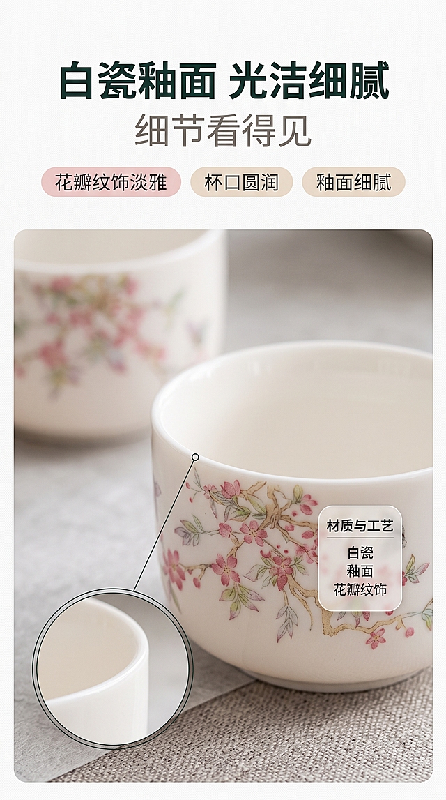 [商品] 使用【图1】繁花白瓷功夫茶具套装；本页只看材质与工艺，须完整保留白瓷釉面的温润半透光泽、杯身与壶身的花瓣纹饰笔触与配色、杯口的圆润弧度，不改变花型、不换颜色、不新增纹样。
[画面] 材质细节·材质微距型；目标是让用户看清白瓷釉面与纹饰的真实质感；构图骨架为微距满铺，白瓷杯壁与杯口的大面积特写占画面主体约75%，花瓣纹饰清晰可见，左下角一个圆形细线放大窗放大杯口的圆润弧度与前口厚度，另有一枚小型浮窗只写材质与工艺文字；背景为浅灰宣纸肌理，前景为杯口与杯壁细节，后景为虚化的另一只茶杯，景别=微距。
[视觉] 套系策略：风格=干净通透的现代中式茶席暖调商业摄影；标题字=圆角黑体加粗；正文字=简洁无衬线体；主色=暖米白；背景延展=基于暖米白做深浅层级与同色渐变，延展宣纸肌理、素麻布料、浅木与浅胡桃木纹；强调色=淡樱粉仅用于小面积图标、引线、标签与局部光效；标题色=深墨绿；正文色=中暖灰；组件=圆角浅底信息卡、细线引线、细线图标、胶囊标签；光影=左前侧暖柔光配合顶部柔光，产品信息面清晰，逆光只作背景或轮廓光。
[文字] 主标题“白瓷釉面 光洁细腻”；副标题“细节看得见”；三个胶囊短标签“花瓣纹饰 淡雅”“杯口圆润”“釉面细腻”；浮窗内只写“白瓷”“釉面”“花瓣纹饰”三个材质工艺词，不写具体度数、容量或检测数据；文字区在顶部与四周留白，横向排版，辅助字号比标题小50%以上。
[规格] 图片比例9:16竖版，2K；避免：变形、错字、竖排文字、文字过小、塑料感、纹饰重复呆板、金属过曝、水印、平台Logo、冷蓝背景主色。