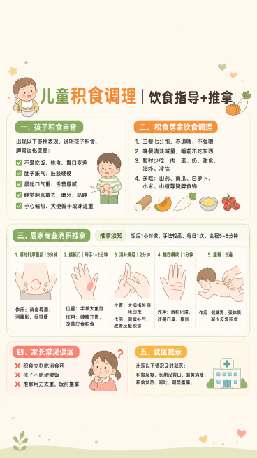 制作一张竖版育儿科普图文图片，风格简约温馨。顶部和底部预留大量空白，将以下所有文字完整排版放入图片中：儿童积食调理｜饮食指导+推拿 一、孩子积食自查 出现以下多种表现，说明孩子积食、脾胃运化变差： ✅预览效果