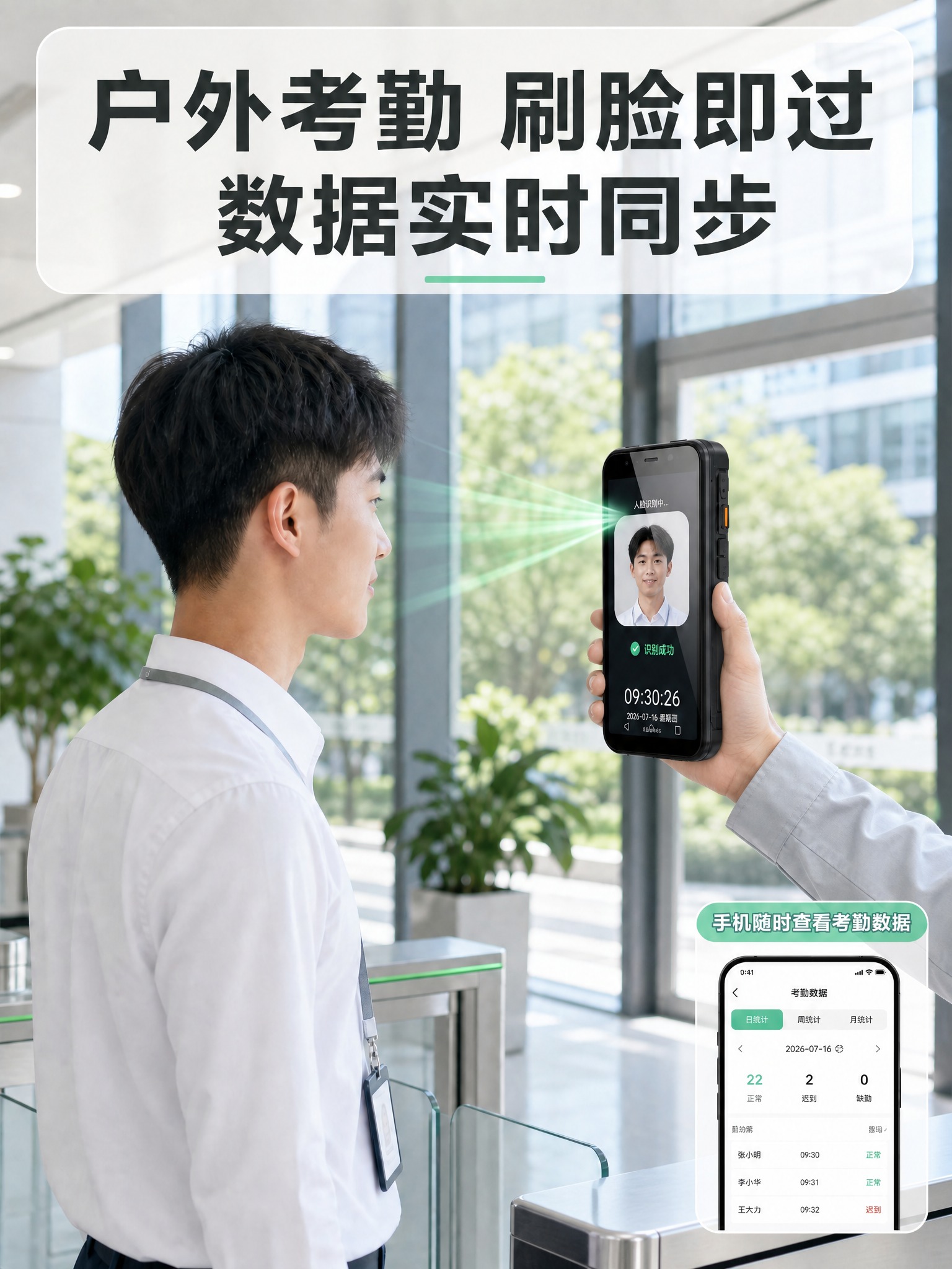 将图中的考勤终端从白色支架上移除，改为被一只手手持举着进行人脸… - 图片创意预览