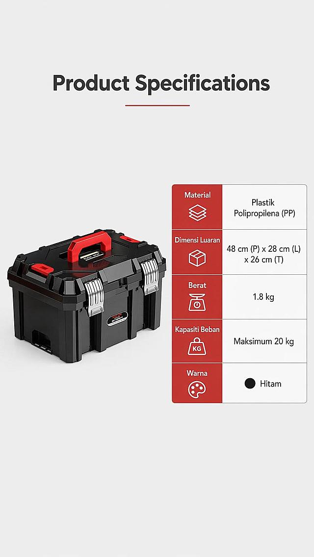 [Screen 5] This screen is the product parameter information closing page of the black portable hardware toolbox, which is the last screen of the detail page. This screen uses [Figure 1] as the product main body.
[Atmosphere/Style] Clean information table style, professional and concise, complete parameters, easy to check.
[Element Layout] The product is placed on the left, accounting for 50% of the space, showing the positive complete appearance; the right side is the parameter information table, which lists the core parameters of the product; the product shape and color are consistent with the input image.
[Light and Texture] Even soft light, the product and information table are clearly visible, moderate contrast, easy to read parameters.
[Color Matching] Global background color #f0f0f0; product color remains consistent; text uses dark gray, the header uses light red bottom, which is convenient for classification reading, and the overall color is unified.
[Perspective Composition] Left product right parameter layout, balanced composition, clear reading path.
[Text Layout] The title is "Product Specifications", the right parameter table lists: Material, External Dimensions, Weight, Load Capacity, Color; all parameters are in Malay, the table layout is neat, each parameter is clearly arranged, and the font is moderate in size, which is convenient for reading.
[Proportion Resolution] 9:16 vertical proportion, 4K resolution, clear text, high-definition image quality.
[Negative Prompt] Parameter error, product deformation, blurry text, messy table, Chinese characters, watermark