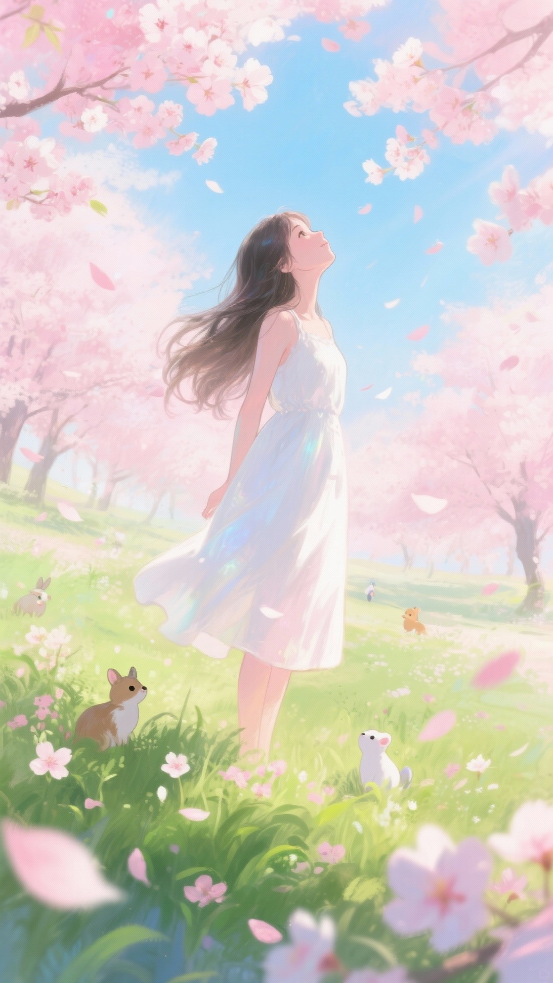 盛开的樱花林，一个穿着白色裙子的长发女生仰头看着天空，小动物在… - 图片创意预览