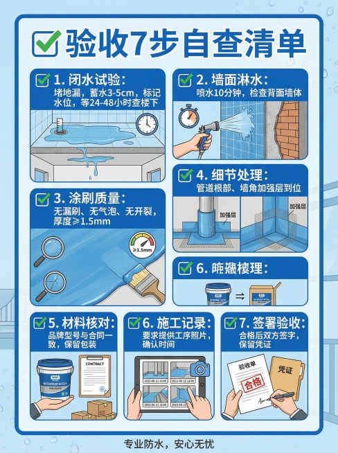 家居装修防水宣传海报，标题为"✅ 验收7步自查清单"，分7条展示验收内容："1.闭水试验：堵地漏，蓄水3-5cm，标记水位，等24-48小时查楼下"、"2.墙面淋水：喷水10分钟，检查背面墙体"、"3预览效果