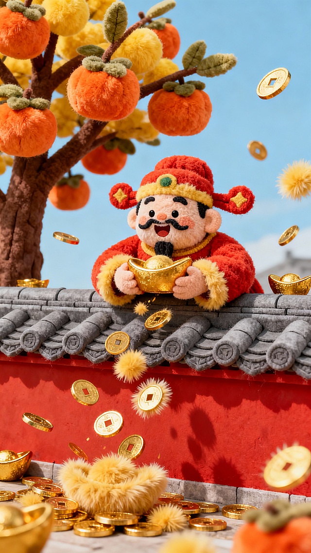 毛绒质感插画，画面中央是一位毛绒材质的财神爷，他抱着金元宝趴在红墙灰瓦的墙头上，正撒出毛茸茸的金币，充满活力和趣味。背景中有一棵毛绒质感的柿子树，树上结满橙黄色的毛绒柿子。整体色彩明亮，财神爷服饰为传统红色与金色毛绒拼接，红墙灰瓦纹理清晰，金币和元宝表面有蓬松绒毛细节，所有元素均呈现毛茸茸的质感，营造出不可思议的绒毛艺术世界。