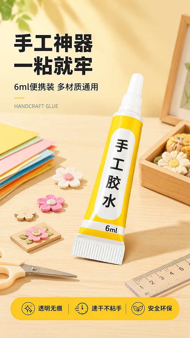 [第1屏] 详情页头图-手工胶水产品主视觉海报。本屏使用【图1】作为商品主体（黄色软管包装6ml手工胶水，正面展示）。
[氛围/风格] 清新手工DIY风格，温暖明亮，商业摄影质感，小红书竖版图文风。
[元素布局] 手工胶水软管置于画面中央偏右，占比约50%-55%，45°斜立摆放；左侧为手工工作台场景，散落着彩色卡纸、小木片、布艺小花、剪刀、尺子等手工材料；背景为浅木色桌面+暖黄色墙面，营造温馨手工氛围；产品包装颜色、结构、文字与输入图一致。
[光影质感] 左上方柔和自然光，右侧补光，产品底部自然投影，整体明亮通透，胶水软管有光泽质感。
[配色色系] 全局底色 #FFF8E7（暖米黄）；主色明黄色 #FFC107；辅助色暖木色、白色、浅粉蓝点缀。
[视角构图] 正面微俯视45°角，产品为视觉中心，阅读动线左上标题 → 中央产品 → 底部信息条。
[文字版式] 版式为左上大标题 + 中央产品 + 底部信息条。主标题「手工神器 一粘就牢」，副标题「6ml便携装 多材质通用」，黑体字左对齐；标题下方小字英文「HANDCRAFT GLUE」装饰；底部黄色胶囊信息条写「透明无痕 · 速干不粘手 · 安全环保」；文字不遮挡产品主体。
[比例分辨率] 9:16 竖版比例，4K分辨率，文字清晰可辨，高清画质。
[负向提示词] 产品变形，缺件错件，颜色偏差，水印，文字错乱，产品图模糊，背景杂乱，胶水包装文字错误。