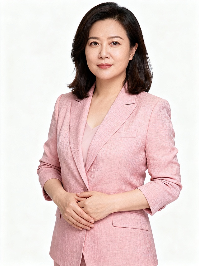 特定构图与打光，真实场景，30岁的女人，成熟美女，方圆脸，中长发，身穿粉色西装，显得专业又自信。逼真，现实感，真人感，个人形象照，白色背景。生成4张，照片比例3：4