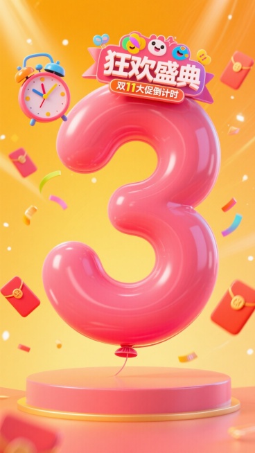 巨型玫红色气球质感数字 “3”，顶部设置 “狂欢盛典” 主题标签（带卡通装饰元素），搭配 “双11大促倒计时 ”文字，背景采用亮黄橙渐变，融入炫光、彩色闹钟、红包等装饰元素，整体营造紧迫的促销倒计时氛预览效果