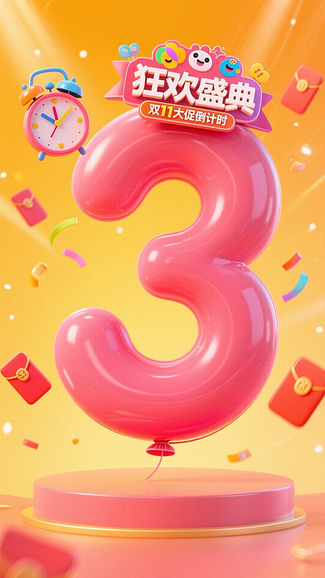 软3D充气风数字“3”悬浮于舞台，搭配卡通闹钟、红包与彩带，橙黄渐变背景烘托喜庆氛围，营造双11促销倒计时的欢乐视觉。