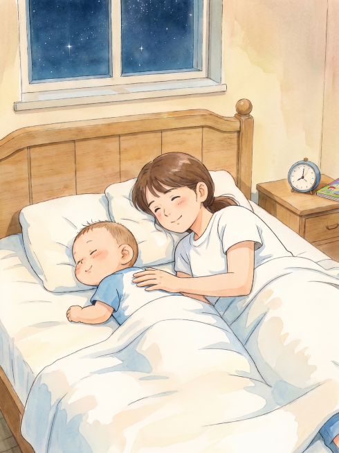 将图片转换为吉卜力风格，保持原有构图和内容：夜晚卧室床上，妈妈给趴着的宝宝挠后背，温馨治愈的吉卜力动画风格预览效果