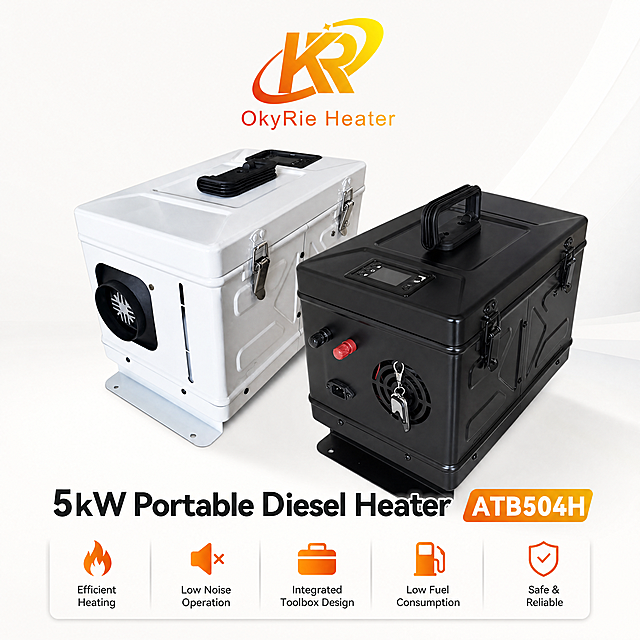 Style 1 main image: 5kW Portable Toolbox Diesel Heater, factory direct from OkyRie Heater. Use image 1 (black and white dual product display). Light color minimalist background, product in center, clear focus, highlight the integrated box design. Add top brand logo "OkyRie Heater", bottom text "5kW Portable Diesel Heater ATB504H". All English, light style, 1:1 square, 4K. Negative: deformation, Chinese text, blurry.