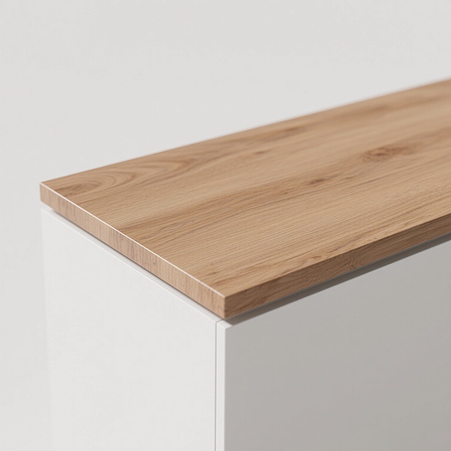 一张简约风格的台面设计图，主体为一块木质台面，木材纹理清晰自然，呈现出温暖的浅棕色，表面光滑有细腻的光泽感，带有柔和的高光和自然的阴影效果，营造出真实的3D质感。台面边缘线条简洁利落，整体设计简约大方。背景为纯白色，干净整洁，使台面成为视觉焦点，配色简单纯粹，突出木质材料本身的自然美感，符合现代简约的设计风格，能在短时间内清晰传达台面的主体信息和设计特点。