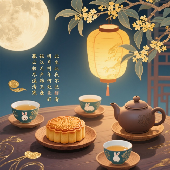 古朴的茶具摆放整齐，茶壶、茶杯、月饼放在木制纹理碟子上，带有兔子花纹的纸灯笼散发暖黄光晕，照亮月饼，背景有茂密的桂花枝，画面中添加诗词“暮云收尽溢清寒，银汉无声转玉盘；此生此夜不长好，明月明年何处看”预览效果