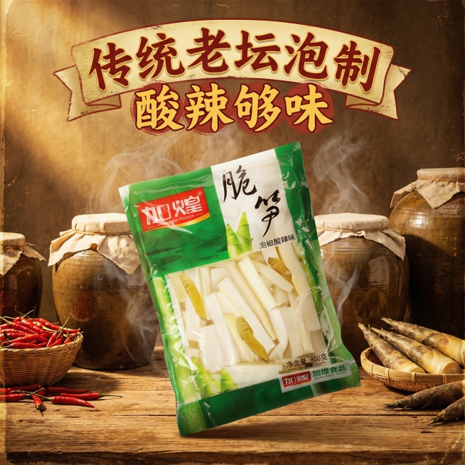 拼多多电商主图，加煌泡椒脆笋包装倾斜摆放，搭配“传统老坛泡制 酸辣够味”文案，背景添加老坛元素，突出地道风味，画面有复古感预览效果