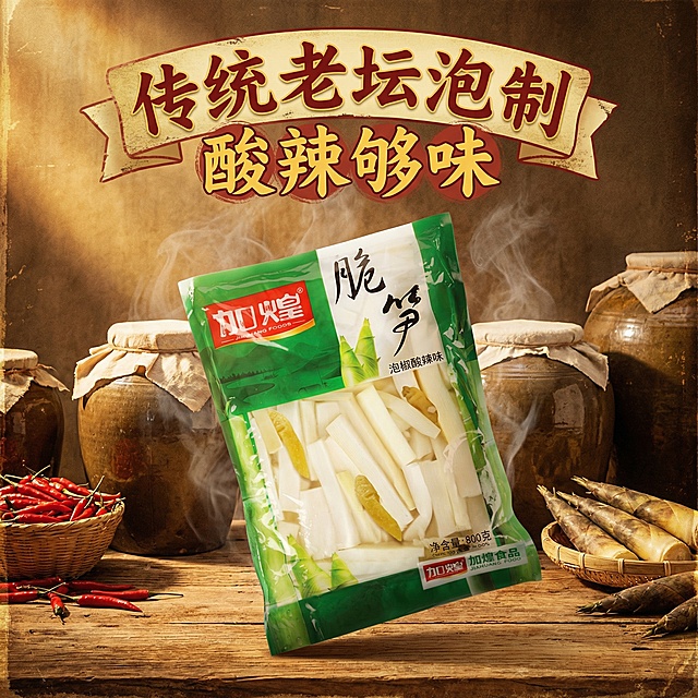 拼多多电商主图，加煌泡椒脆笋包装倾斜摆放，搭配“传统老坛泡制 酸辣够味”文案，背景添加老坛元素，突出地道风味，画面有复古感