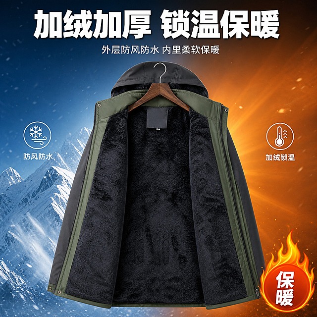 [主图-5] 内里加绒保暖展示图，主题：加厚绒里 寒冬也温暖。
[统一基调] 高级户外编辑风，冷暖对比色调，主标题白色粗黑体，辅助文字浅灰色，强调色为暖橙色，整体温暖品质感。
[画面] 冲锋衣正面展示，拉链完全拉开，向两侧翻开，大面积展示内里黑色加厚绒毛。衣服挂在简约衣架上或由模特双手拉开展示，位于画面中央，占画面70%。内里绒毛蓬松柔软，有质感。背景左侧为冷蓝色雪山纹理，右侧为暖橙色渐变光效，形成冷暖对比，直观表达外防风内保暖的概念。衣服外层军绿色拼深灰色面料清晰可见，与内里黑色绒毛形成鲜明对比。
[光影质感] 商业摄影质感，柔和正面光，内里绒毛有细腻的光影层次，展现蓬松柔软质感，外层面料有防水涂层光泽。
[配色] 左冷蓝右暖橙的渐变背景，冲锋衣军绿拼深灰外料，黑色加绒内里，文字白色，强调暖橙色。
[文字版式] 画面上方主标题："加绒加厚 锁温保暖"，白色粗黑体。下方副标题："外层防风防水 内里柔软保暖"，浅灰色小号字。右下角配一个暖橙色火焰形状图标，内有白色"保暖"二字。左侧冷色区配小字"防风防水"，右侧暖色区配小字"加绒锁温"。
[输出要求] 比例1:1，文字清晰可读，产品清晰完整，内里绒毛质感真实，无变形，无错字，无水印，无平台Logo。