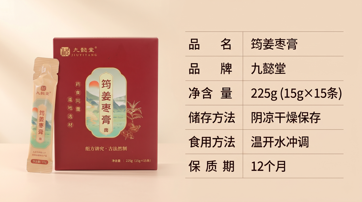 详情页规格参数模块：延续品牌风格，展示产品完整规格参数：品名筠姜枣膏，品牌九懿堂，净含量225g(15g×15条)，储存方法阴凉干燥保存，食用方法温开水冲调，保质期12个月。左图为产品包装盒加拆开的独预览效果