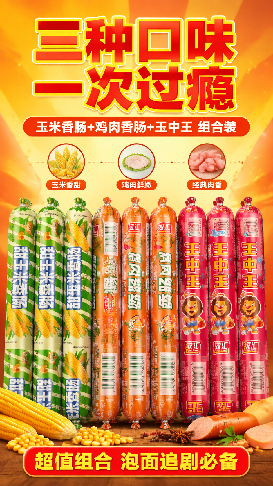 [商品] 使用【图1】三款火腿肠组合（甜玉米香肠绿白包装、鸡肉… - 图片创意预览