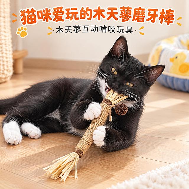 淘宝电商主图，1:1正方形构图。一只黑白奶牛猫（白胸口、白爪子、黄眼睛，名叫gogo）趴在浅原木色地板上，双爪抱着一根木天蓼磨牙棒玩具正在啃咬，眼神专注兴奋。木天蓼玩具严格按照参考图样式：长条形，中间部分缠绕剑麻绳，两端都有拉菲草流苏，虫瘿果用细绳系在顶部流苏旁边侧挂伸出，总长约22cm，比例细长。画面温馨自然，柔和自然光，真实宠物摄影质感，高清细腻。画面上方有主标题文字"猫咪爱玩的木天蓼磨牙棒"，下方有副标题文字"木天蓼互动啃咬玩具"，字体圆润可爱，暖橙色主标题深灰色副标题，排版简洁不遮挡产品和猫咪主体。