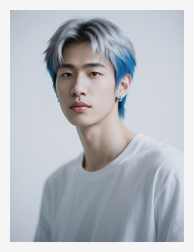 一个男生，狼尾短发，上半部分银色+下半部分蓝色头发；戴浅蓝色耳钉，穿白色T恤