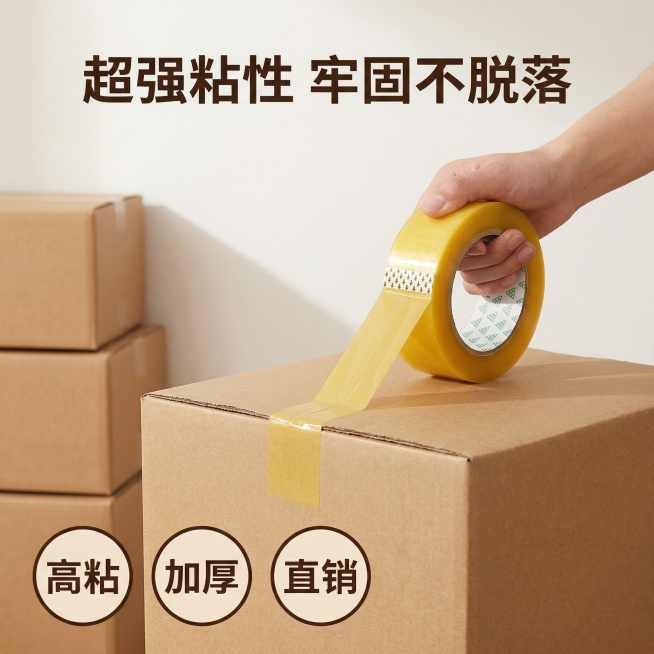 [主图 2 核心卖点]，主题为高粘性包装胶带卖点展示，风格舒适简约家居治愈，画面元素为：黄色包装胶带粘贴在硬纸板上，用力提起重物展示超强粘性，胶带不脱落不打滑，背景为简洁奶白色墙面，柔和自然光。产品外预览效果