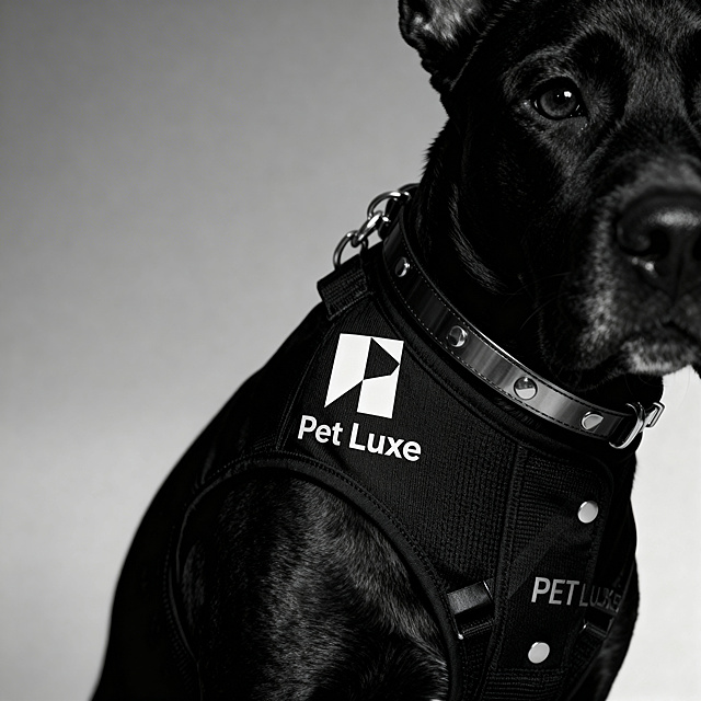 Pet Luxe高端宠物品牌宠物服装设计，极简暗黑金属风格，包含宠物背心或项圈类服饰，印有P字母LOGO和PET LUXE文字，材质为高级织物+金属细节，简约时尚，体现品牌高端调性