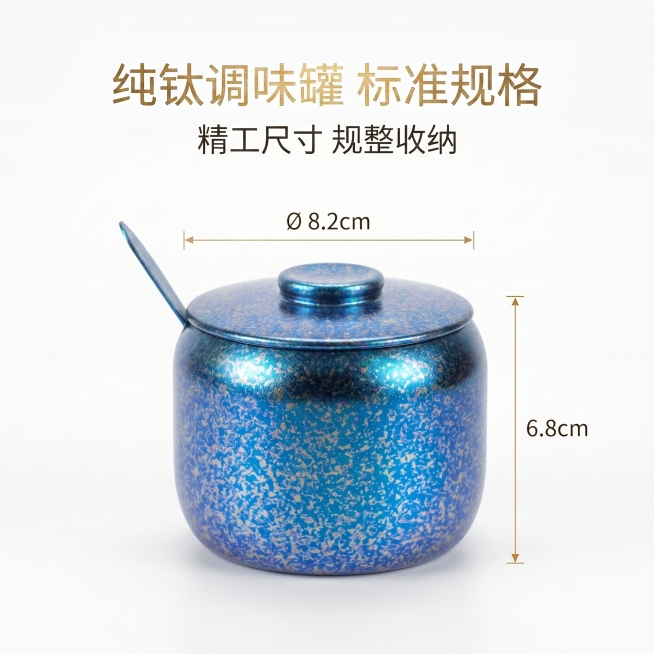 保留原有文字和尺寸标注：主标题"纯钛调味罐 标准规格"，副标题"精工尺寸 规整收纳"，标注口径Ø8.2cm、高度6.8cm，保持原有的1:1构图、纯白背景和文字排版样式，仅将青绿罐体替换为宝蓝色罐体，预览效果